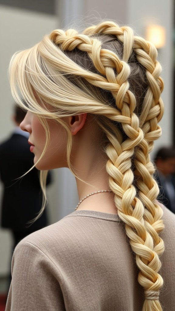 A woman with blonde knotless braids styled with a side part.