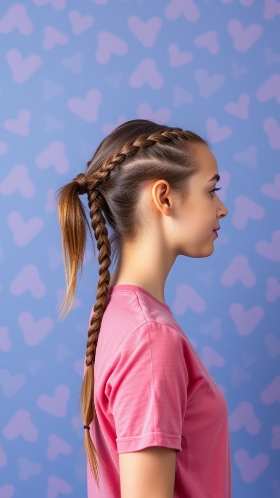 A side view of a woman with knotless braids styled in a side ponytail against a heart-patterned background.