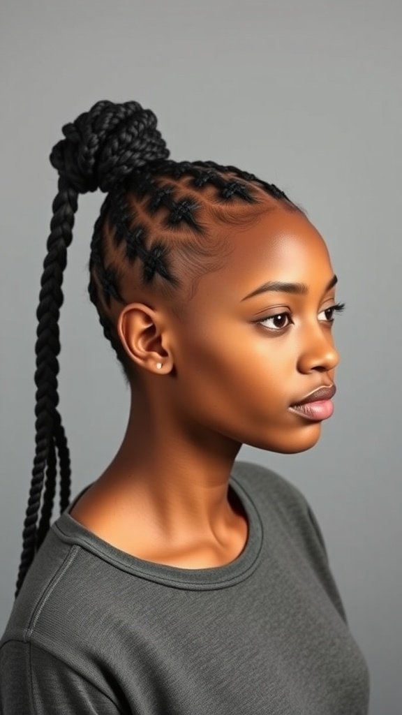 A woman with knotless box braids styled in a side ponytail.