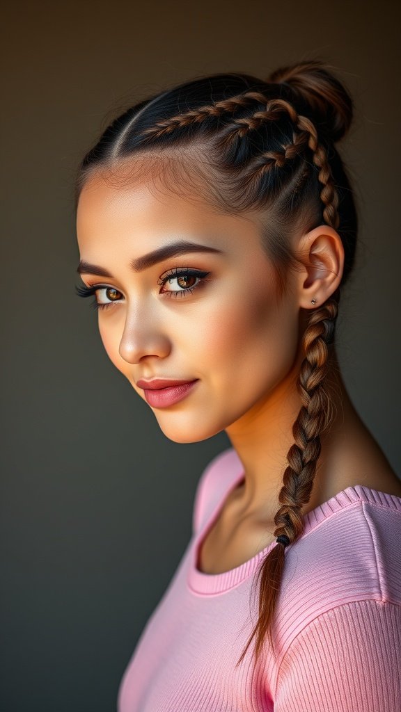 A model with knotless braids styled in a side ponytail, showcasing a trendy and playful hairstyle.