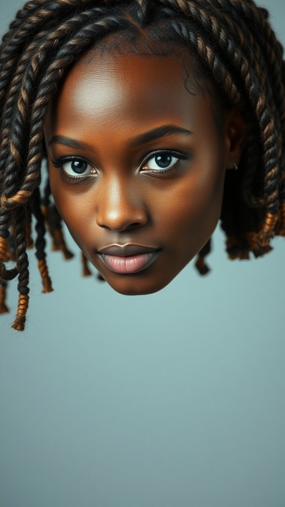 A close-up of a person with knotless braids styled in a side sweep, showcasing a smooth and sleek finish.