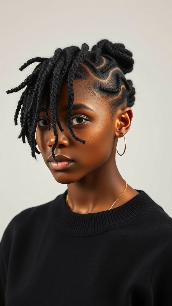 A young woman with knotless box braids styled in a side sweep, showcasing a modern and chic hairstyle.