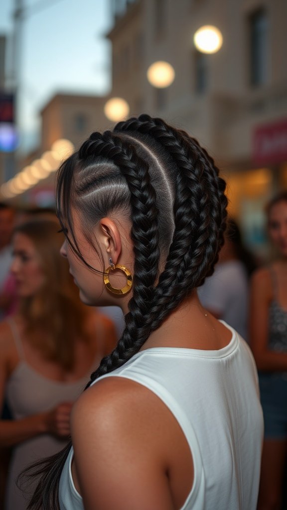A woman with knotless braids styled in a side sweep, showcasing a modern and elegant hairstyle.