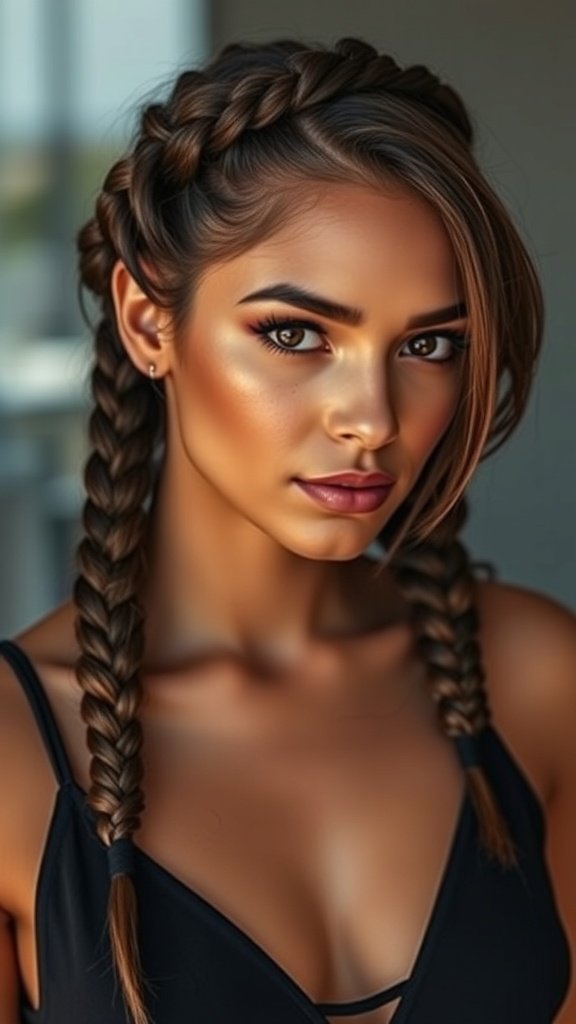 A woman with knotless braids styled with a side sweep, showcasing a chic and elegant hairstyle.