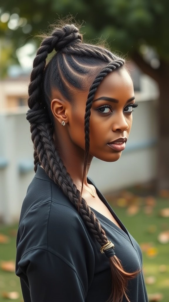 A woman with knotless braids styled in a side sweep, showcasing a sleek and elegant look.