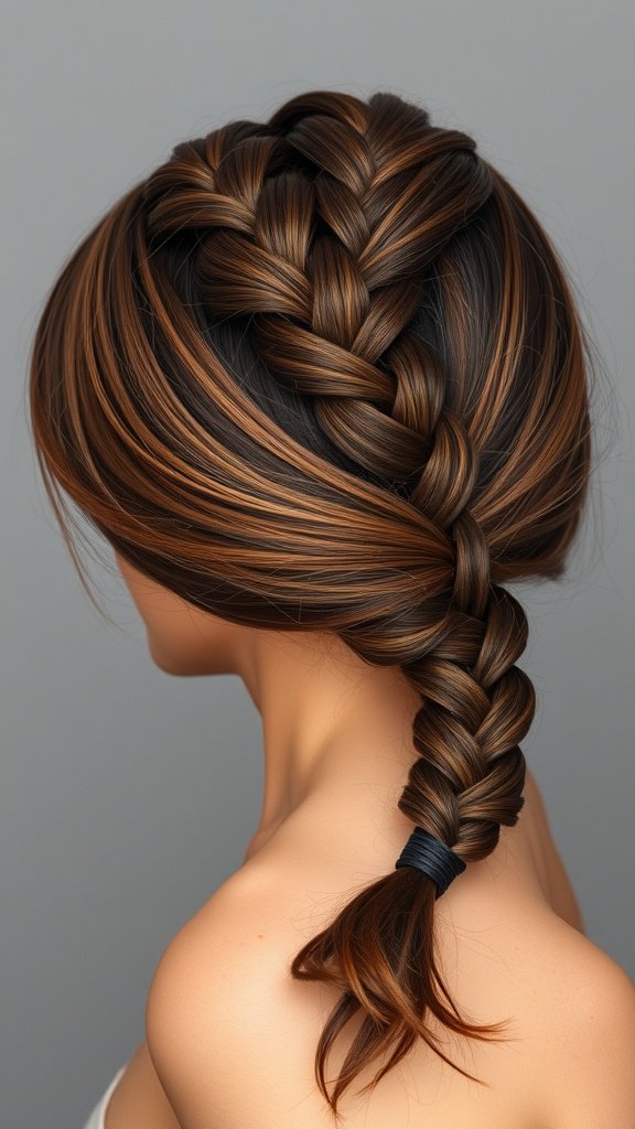 A woman with medium knotless braids styled in a side-swept look, showcasing a blend of colors.