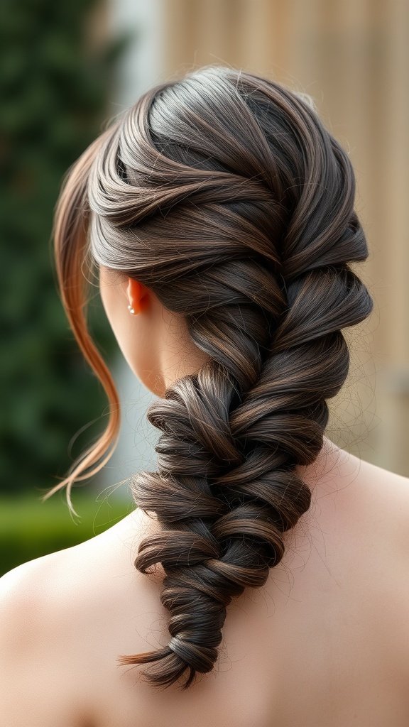 A close-up of a side-swept knotless braid hairstyle, showcasing smooth, shiny hair.