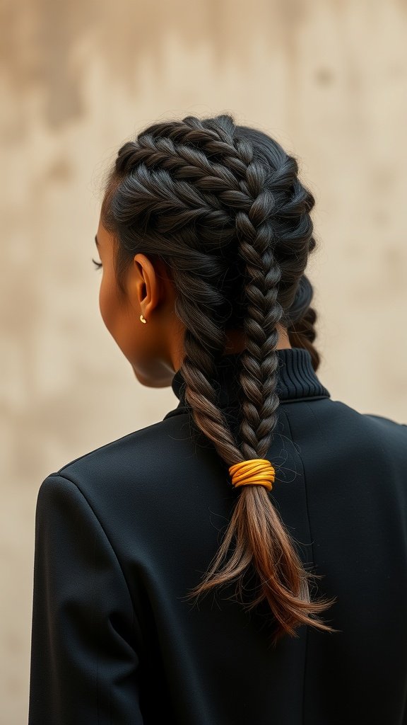 A woman with two knotless braids styled with a side twist, featuring an orange hair tie.