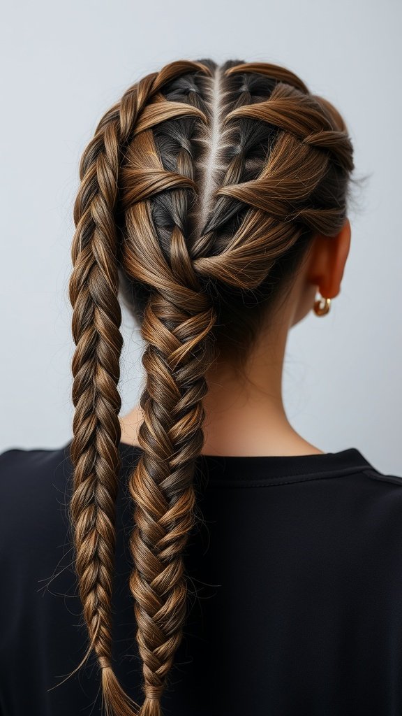 A woman with medium knotless braids styled with a side twist, showcasing a blend of brown hair colors.
