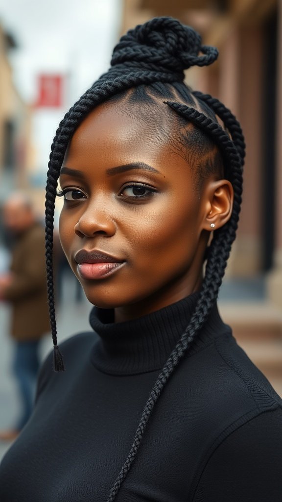 A woman with knotless box braids styled with a side twist, wearing a black turtleneck