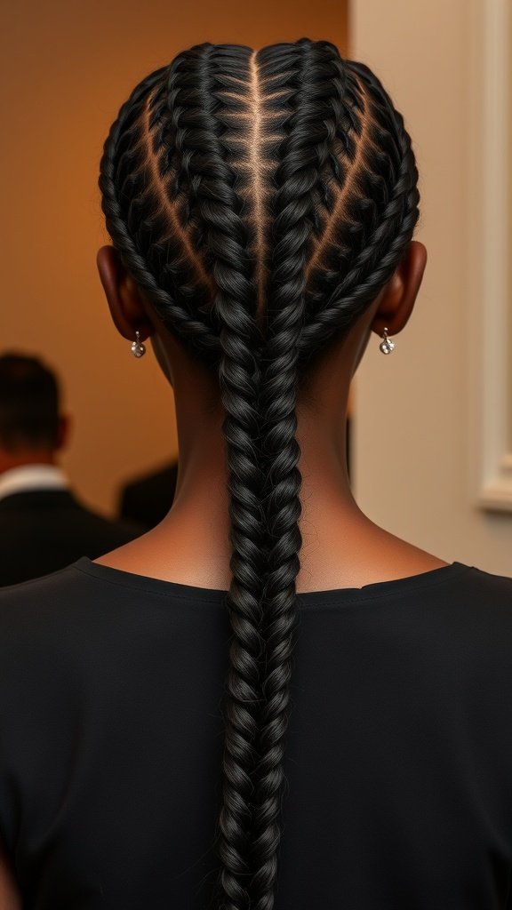 A close-up view of sleek knotless braids styled elegantly.