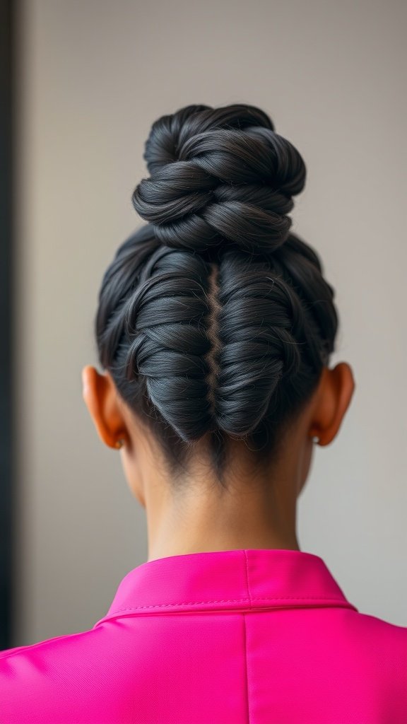 A close-up view of a sleek bun created with knotless braids, showcasing a polished and elegant hairstyle.