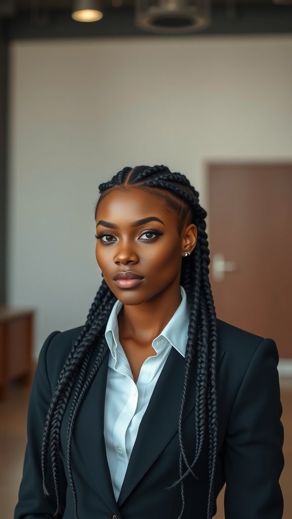 A woman with knotless braids styled elegantly in a professional setting.