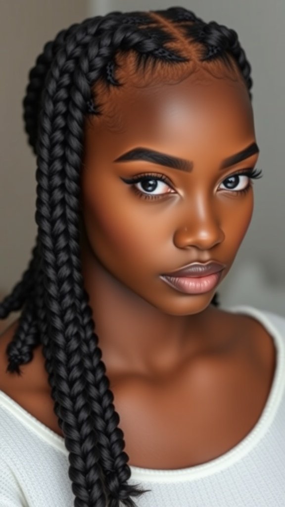 A close-up of a person with knotless braids styled in a sleek finish.