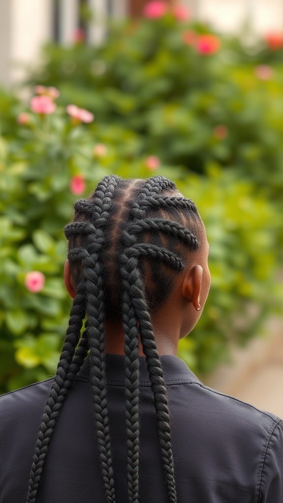 A person with knotless braids styled neatly, showcasing a sleek finish against a backdrop of flowers.