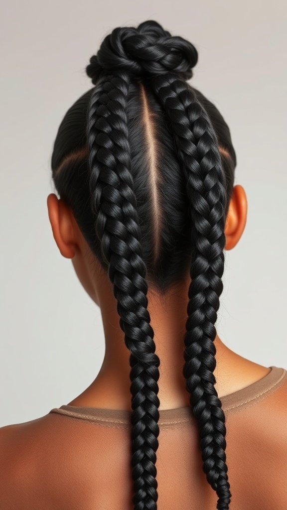 A close-up view of a person's back with two sleek knotless braids and a bun on top.