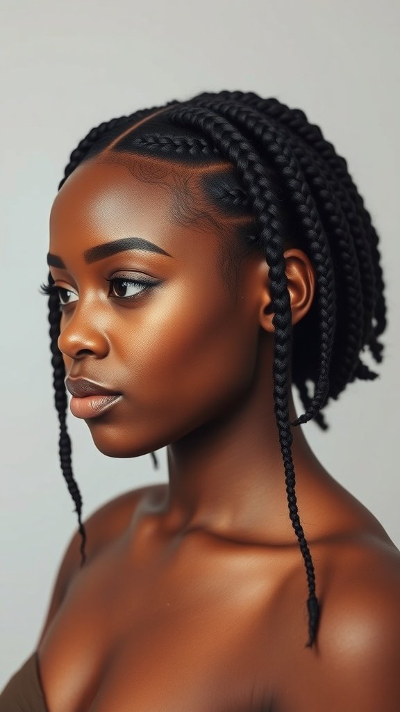 A close-up of a woman with sleek knotless box braids, showcasing a polished hairstyle.