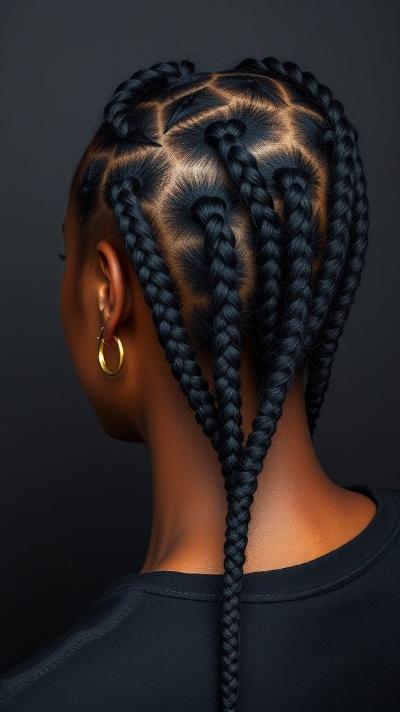 A close-up view of a person's back with sleek knotless braids styled in a geometric pattern.