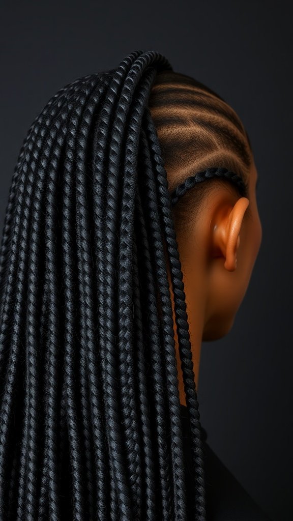 A close-up view of sleek knotless braids styled elegantly.