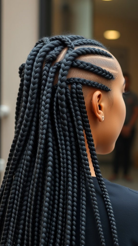 A close-up view of a woman with sleek knotless braids, showcasing a polished hairstyle.