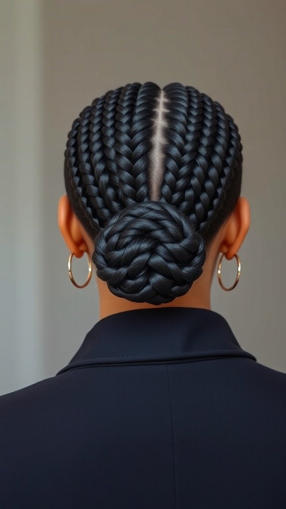 A close-up view of a sleek low bun created with knotless box braids, showcasing a polished and neat hairstyle.