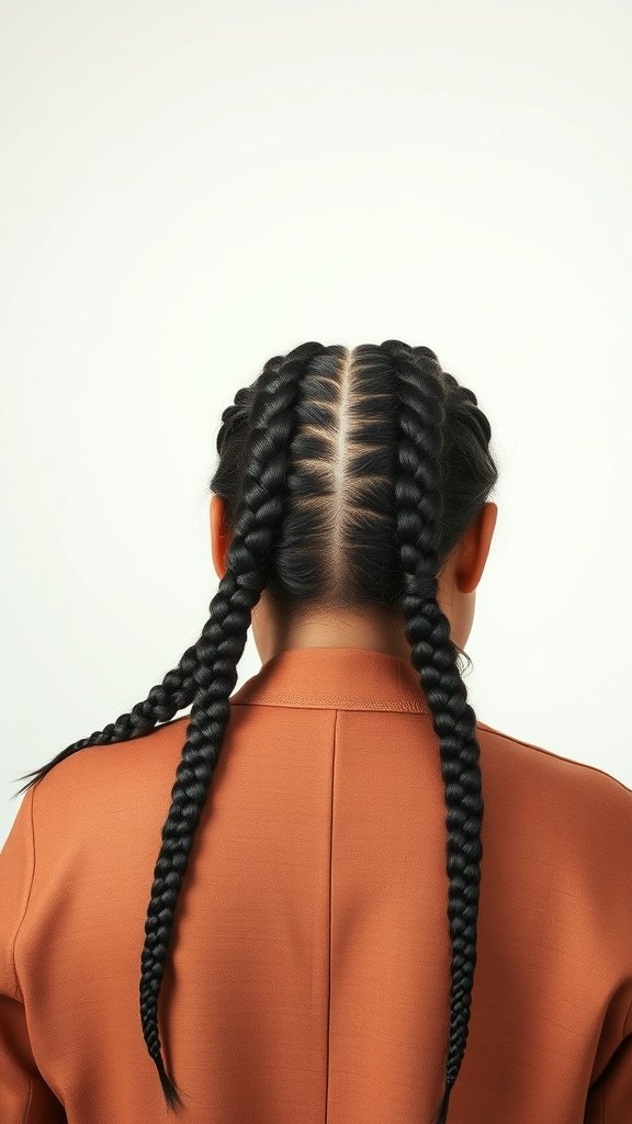 Back view of a person with sleek knotless braids styled in a middle part