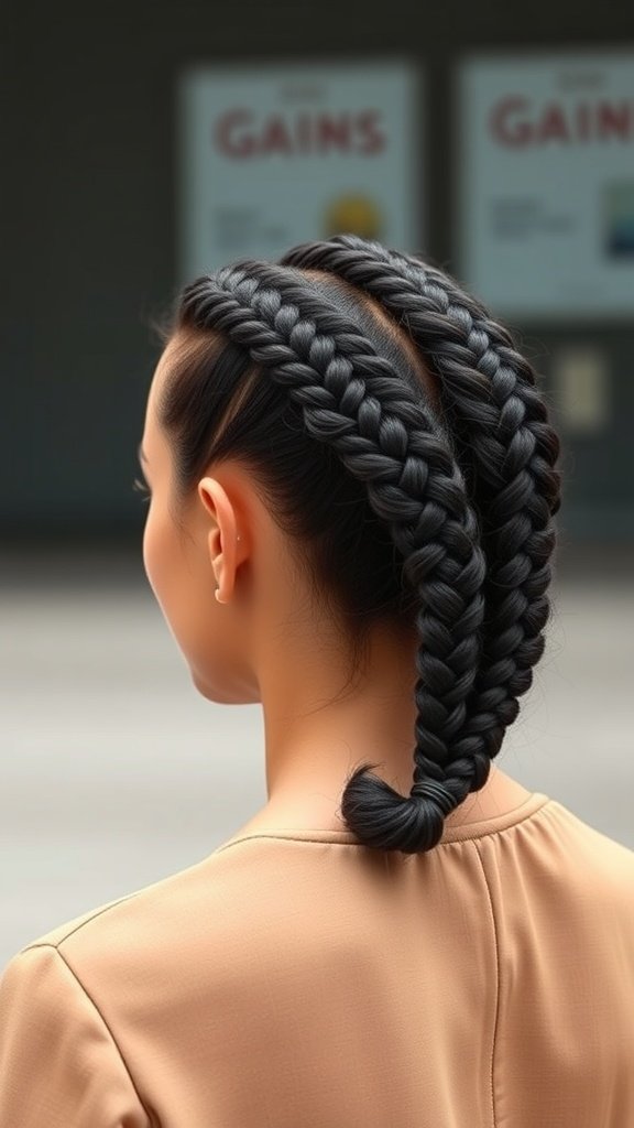 A woman with two knotless braids leading into a sleek ponytail, showcasing a stylish hairstyle.