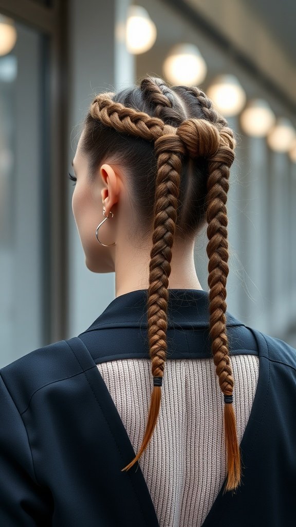 A woman with large knotless braids styled into a sleek ponytail, showcasing a modern and chic hairstyle.