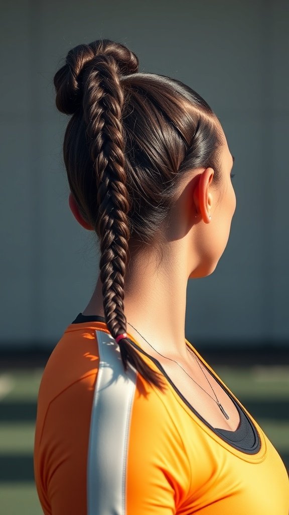 A woman with knotless braids styled into a sleek ponytail, showcasing a modern hairstyle.
