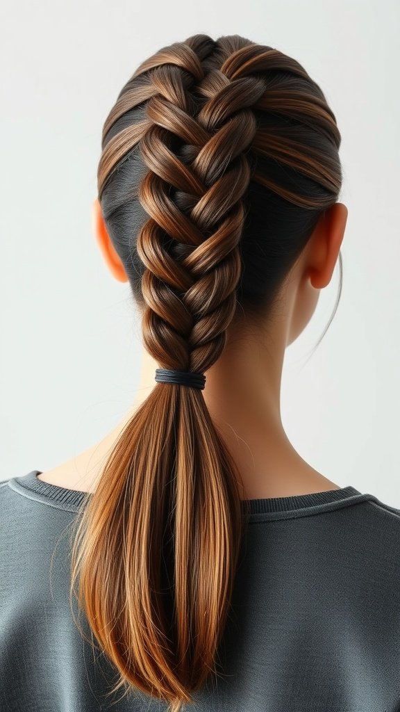 A woman with knotless braids styled into a sleek ponytail.