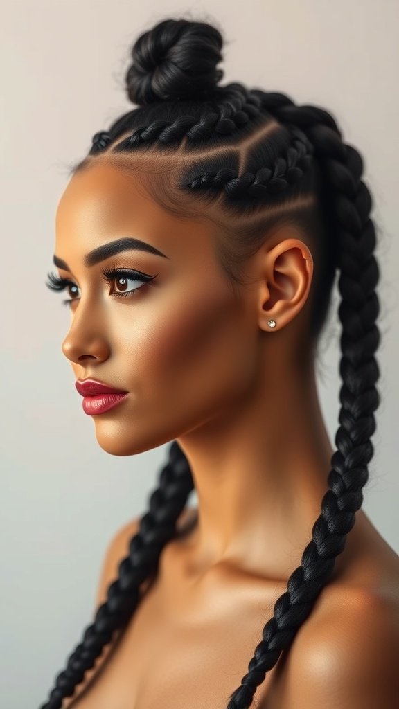 A woman with knotless braids styled into a sleek top knot, showcasing a modern and elegant hairstyle.