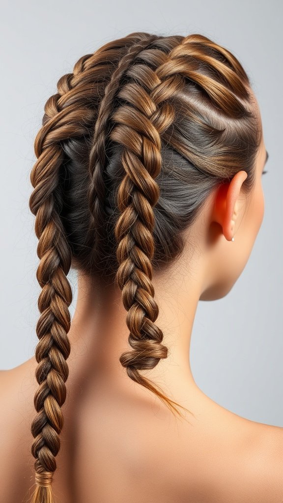A close-up of two knotless braids with a soft center part, showcasing a blend of colors.