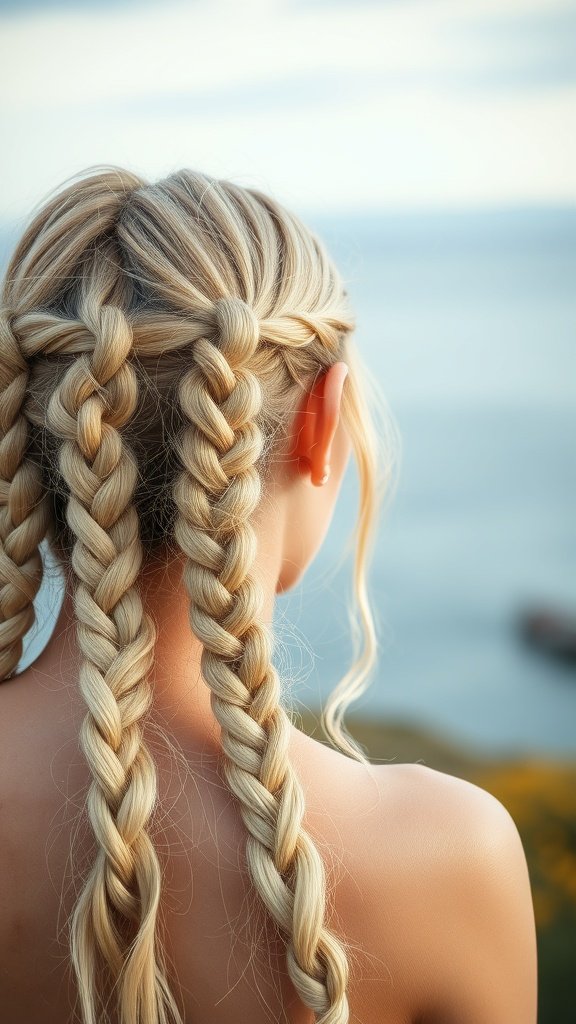 A woman with blonde knotless braids styled in a soft finish, viewed from the back against a scenic background.