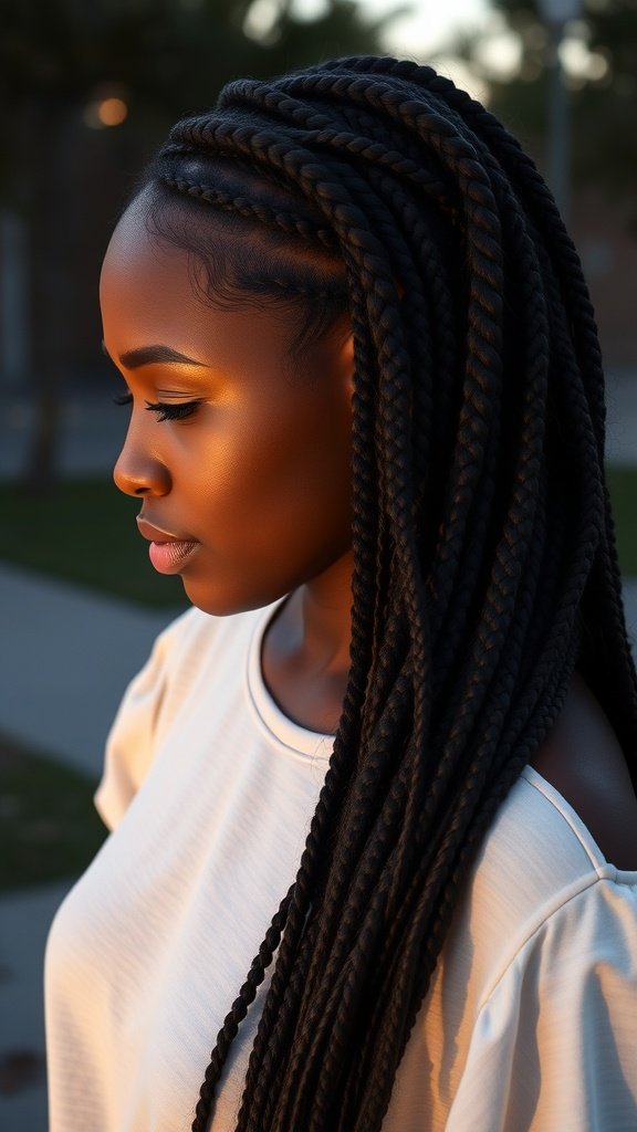 A woman with large knotless braids glowing softly in the evening light.