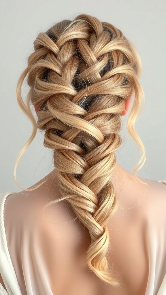 A close-up view of a woman's back with beautifully styled knotless braids flowing into soft waves.