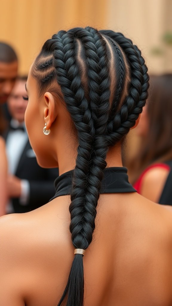 A woman with knotless braids styled elegantly, showcasing a sophisticated hairstyle.