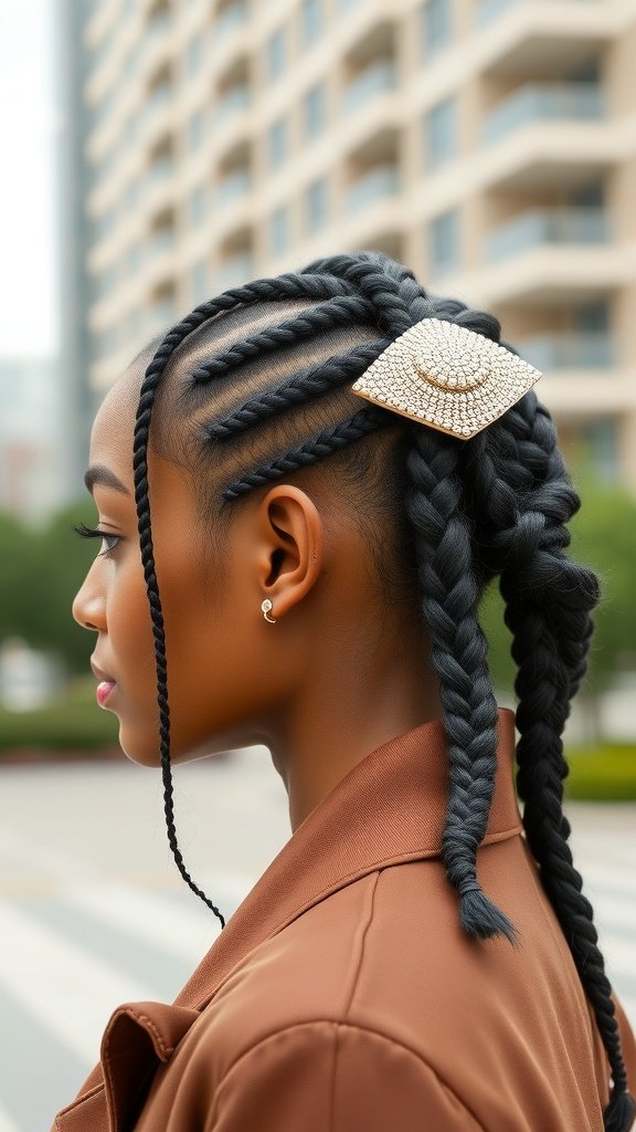A woman with knotless braids styled with a statement clip, showcasing a chic hairstyle.