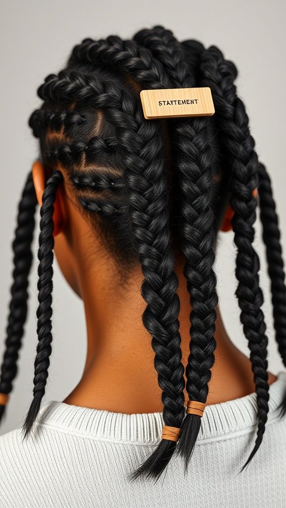 A close-up view of knotless braids styled with a statement clip that reads 'STATEMENT'.