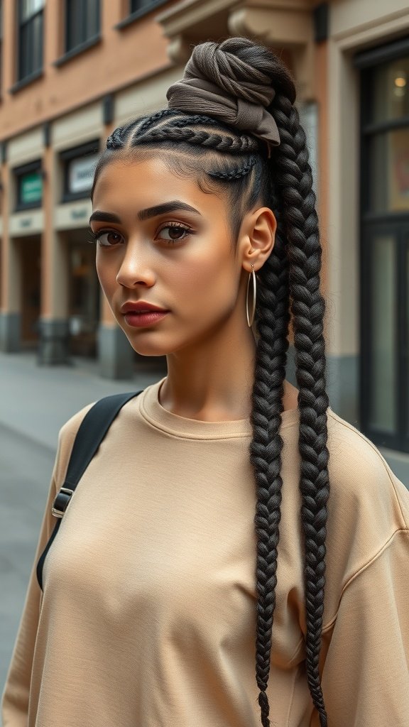 A woman with long knotless braids styled with a top knot and a statement clip.