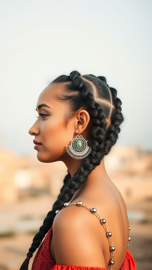 A woman with knotless braids styled elegantly, wearing a statement earring, showcasing a chic look.