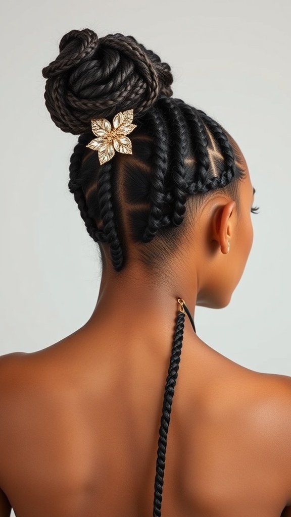 A woman with medium knotless braids styled in an updo, featuring a decorative floral hairpiece.