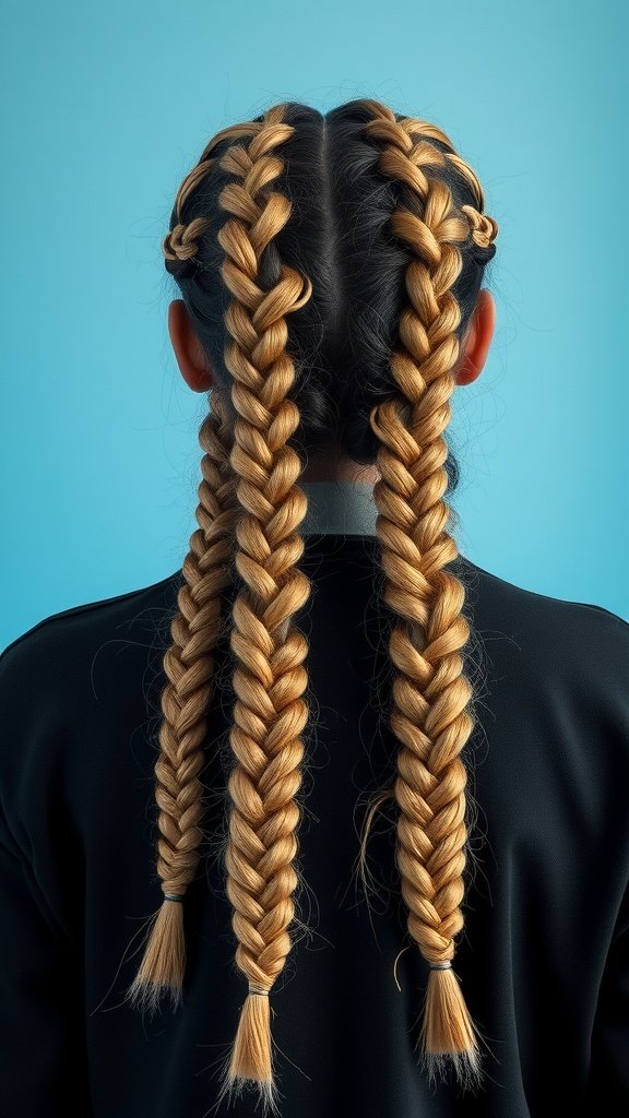 A person with two thick knotless braids featuring a subtle ombre effect from black to blonde.