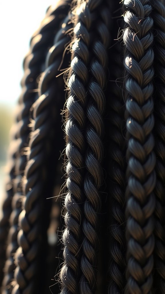Close-up of knotless braids with a shiny finish
