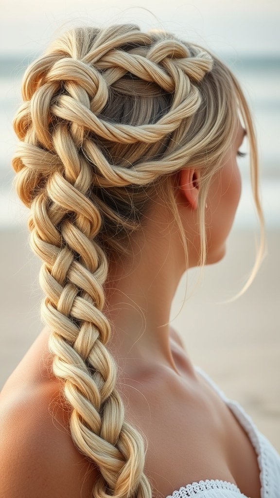 A woman with blonde knotless braids styled with subtle waves, showcasing a beachy look.