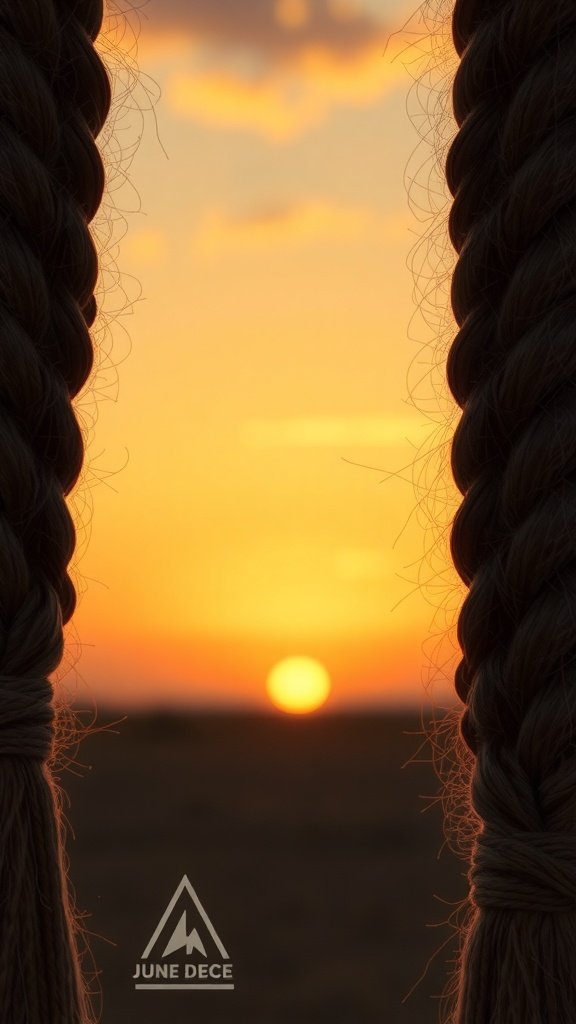 Two knotless braids framing a vibrant sunset