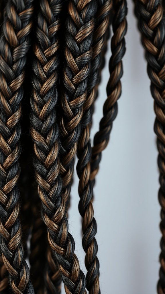 Close-up of knotless braids with a textured finish in black and brown colors.