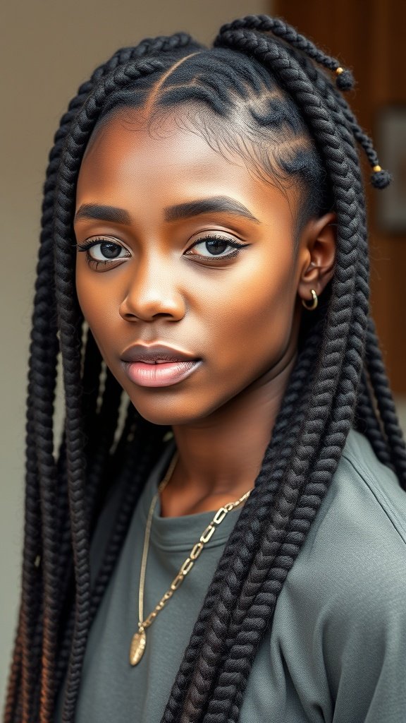A close-up of a person with knotless braids featuring a textured finish, showcasing a stylish and elegant hairstyle.