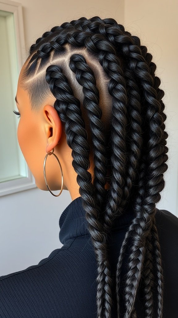 A close-up of a woman's back showing knotless braids with a textured finish, styled elegantly.