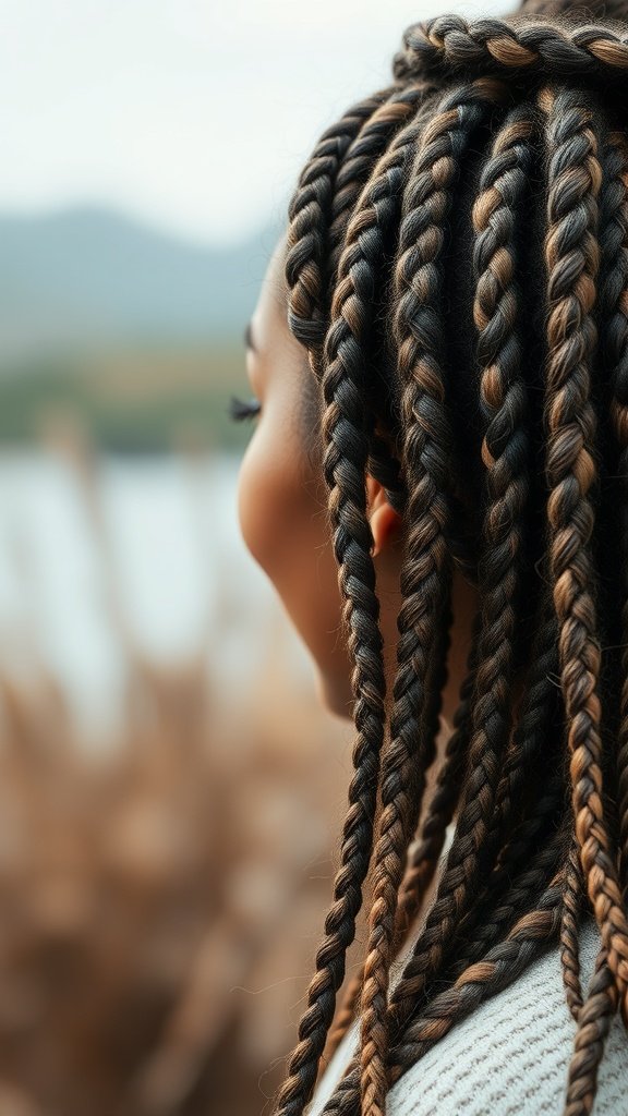 Close-up of a woman with knotless braids featuring a textured finish, showcasing a stylish hairstyle.