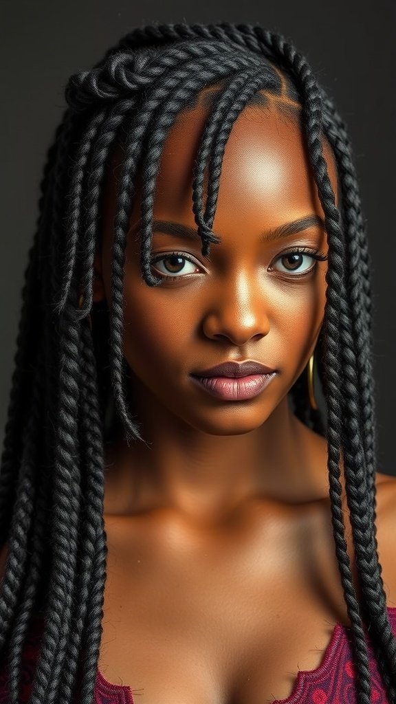 A close-up of a person with knotless braids featuring a textured finish.